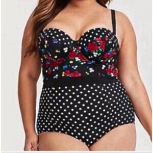 Torrid sz 0 black polka dot retro floral top underwire swimsuit large 12 SW90